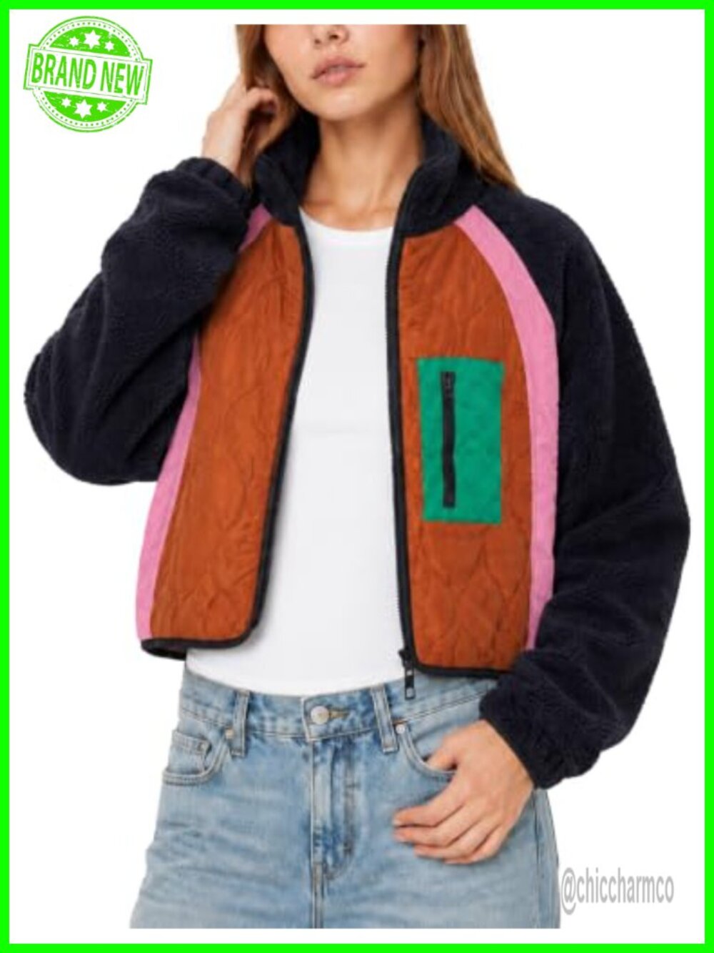 Women Fleece Jacket Cropped Zip Up Long Sleeve Y2K